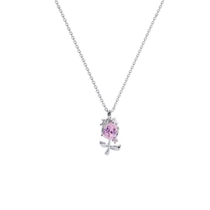 Silver tulip necklace with pink pear-shaped zircon pendant on a minimalist chain