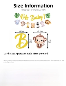 Detailed size specifications for Oh Baby banner and jungle animal party decorations