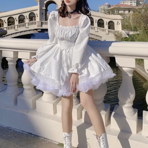 Vestido Mini Gothic Lolita Manga Larga Abullonada Cuello Cuadrado Cintura Corsé Con Cordones Poliéster Algodón Dulce Elegante
