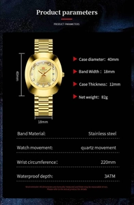 Detailed product parameters of gold quartz watch with stainless steel band and dimensions