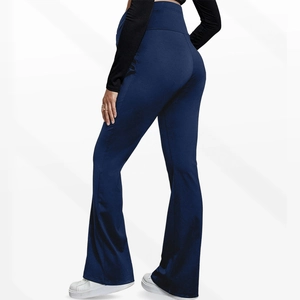 Detail of high waist slim fit maternity flare yoga pants in navy blue shown from the back