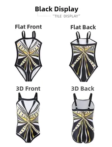 Multi-view of girls' one-piece swimsuit featuring black, white and yellow geometric print