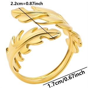 Detailed dimension guide for the adjustable gold leaf ring showing width and diameter