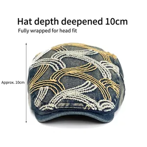 Vintage navy denim beret hat with beige contrast stitching and 10cm depth design