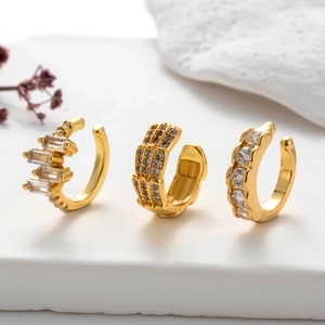 Three-piece set of gold-plated cartilage ear cuffs with sparkling micro-pave cubic zirconia
