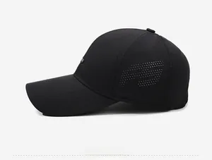Close-up of black baseball cap with laser-cut ventilation holes and side view texture