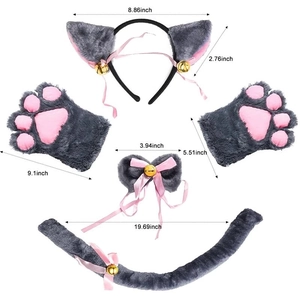 Detailed plush cat cosplay set with grey and pink ears, paws, collar, and tail dimensions