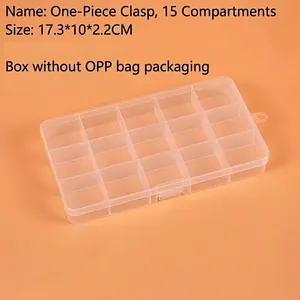 Detailed view of 15-compartment transparent organizer box sized 17.3x10x2.2cm