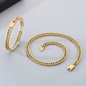 Chunky gold Cuban link chain necklace and bracelet set for men in stainless steel