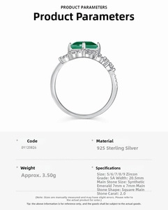 Detailed specifications for S925 silver ring featuring 2.0ct square emerald gemstone