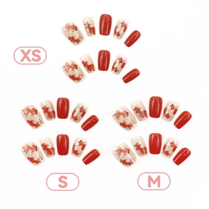 Faux ongles rouges courts avec carpe koi et paillettes dorées, tailles XS, S, M