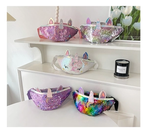 Close-up of sparkling sequin unicorn waist bags for girls in various pastel colors