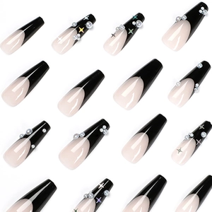 Long ballet French press-on nails in black and nude pink with pearls and star glitters