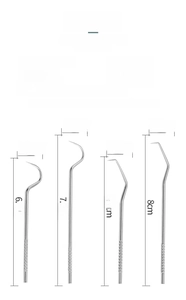 Detailed technical drawing of 4 stainless steel toothpicks with anti-slip handles and sizes