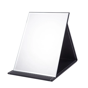 Portable folding vanity mirror with black PU leather cover and white stitching