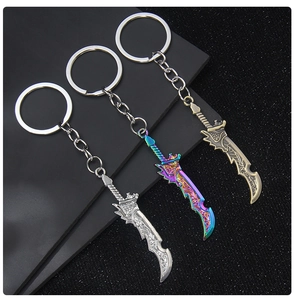 Detail of three metal sword keychains in silver, rainbow, and bronze finishes