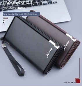 Detail of men's long wallet showing 9 card slots and high-capacity internal structure