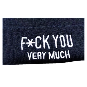 Navy blue knit beanie featuring white embroidered Fuck You Very Much bold slogan text