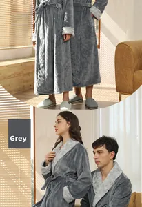 Detail of plush grey flannel robe with contrasting soft fleece trim and waist tie strap