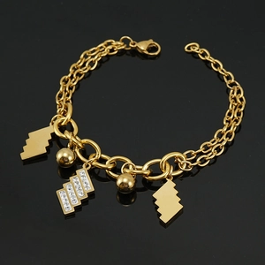 Bracciale dorato a doppio strato in acciaio inossidabile con ciondoli geometrici e strass