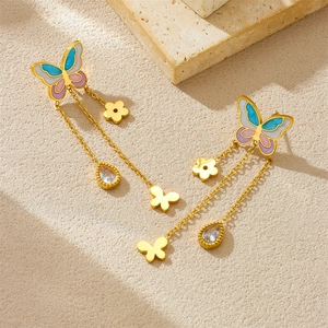 Fashion butterfly tassel drop earrings with gradient enamel and zircon water drop pendant