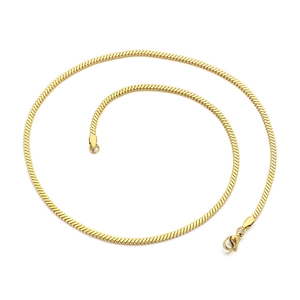 Flat gold snake bone chain necklace in titanium steel with lobster clasp on white background