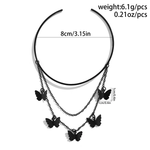 Detail view of gothic black layered choker with butterfly charms and dimension specs