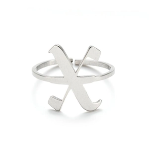 Polished silver X-shaped adjustable open ring with minimalist cross golf club design