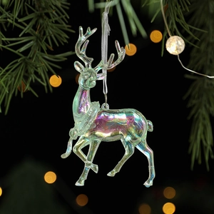 Iridescent reindeer hanging ornament with colorful finish on Christmas tree branches