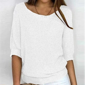 Elegant white waffle knit short sleeve sweater with crew neck and drop shoulder style