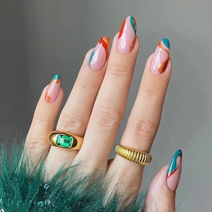 French Abstract Wavy Design Gold Glitter Almond Shape Press On Nails Long Full Cover Artificial Nail Tips With Glue For Women