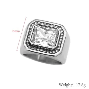 Anello da uomo da 18mm con cristallo quadrato in acciaio inossidabile lucido e zirconi