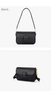 Detailed views of a black leather crossbody bag with elegant gold metal buckle