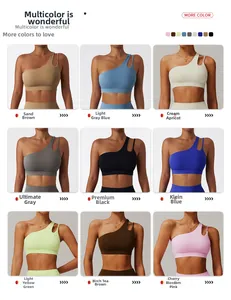 Multi-color one-shoulder yoga bras display showcasing nine various stylish shades