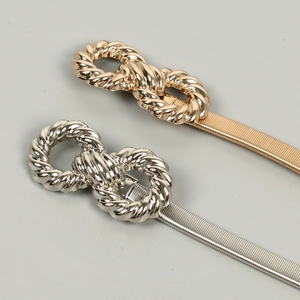Elastic gold and silver metal waist belts with twisted infinity symbol buckles for dresses