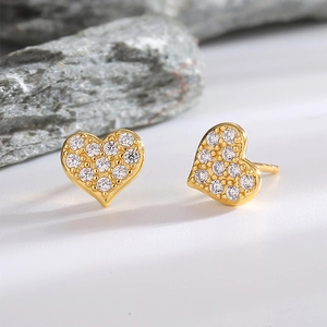 Elegant 14K gold plated S925 silver heart stud earrings with sparkling pave zircon stones