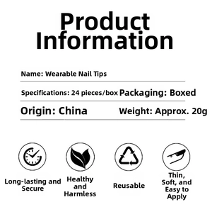 Detailed product specifications for 24pcs long gradient press-on nail set in packaging