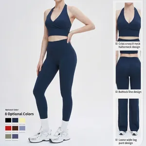 Women's dark blue brushed yoga set with halter V-neck top and high waist leggings