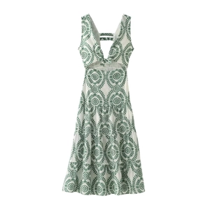 Damen Maxikleid Baumwolle Grüne Stickerei V-Ausschnitt Ärmellos Ausschnitt Schleife Gestufter Saum Elegant Urlaub