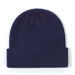 Detailed view of the fine rib knit texture on the navy blue toddler cuff beanie