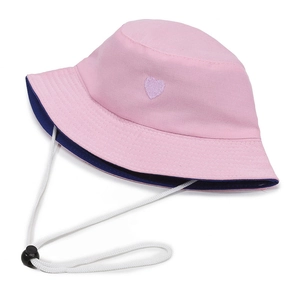 Pink and navy blue reversible sun bucket hat with embroidered heart and windproof strap
