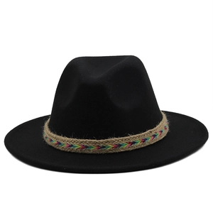 Detail of wide brim black wool fedora with a braided rainbow embroidery hat band
