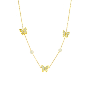 Elegant gold butterfly necklace with white mother of pearl and pearls on thin chain