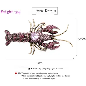 Vintage lobster brooch with sparkling pink rhinestones and gold-plated alloy