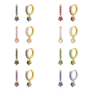 925 Sterling Silver Post Copper Star Zirconia Hoop Earrings For Women Vintage Geometric Colorful Zirconia Inlaid Huggie Jewelry