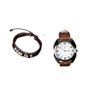 Set of men's minimalist brown leather strap quartz watch and woven bracelet on white background