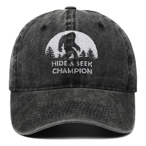 Vintage washed charcoal baseball cap with Bigfoot Hide & Seek embroidery