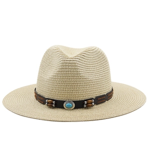 Beige classic straw Panama hat with turquoise bead band and sun protection wide brim