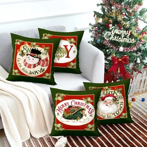 Christmas Cushion Covers Decorative Polyester Faux Linen Snowman Santa Sleigh Prints For Home Sofa Couch Decor