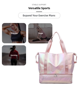 Macro detail of pink holographic fitness bag with independent bottom wet dry compartment